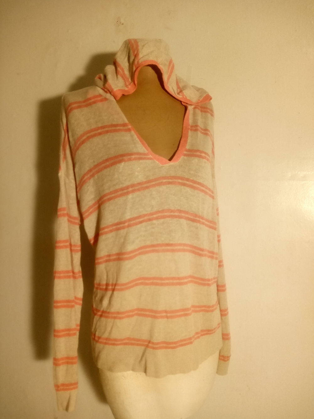 LOFT Cream and Coral Striped Cowl Neck Sweater